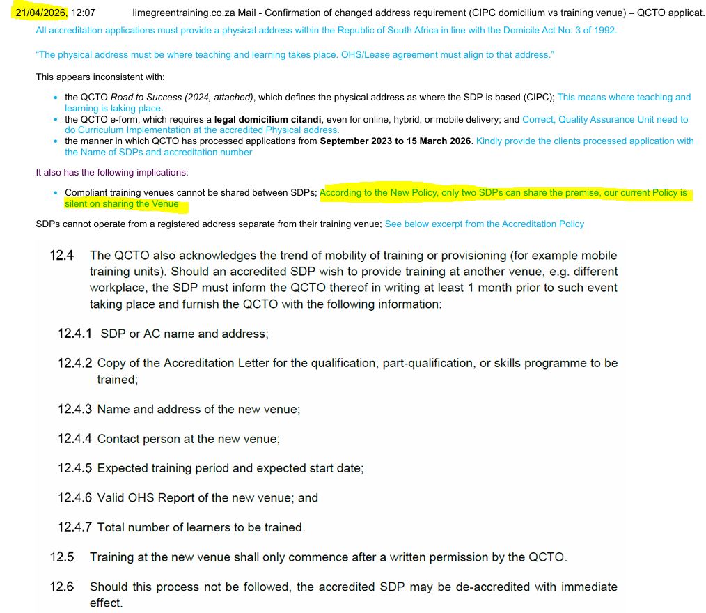 QCTO rule, two SDPs per training venue?